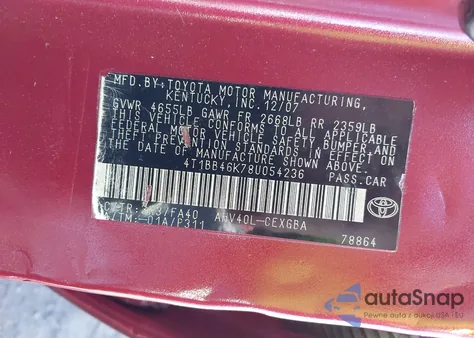 2008 Toyota Camry Hybrid z USA, uszkodzony, nr VIN 4T1BB46K78U054236